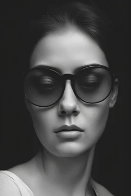 el rostro de una mujer con gafas totalmente oscuras y con expresión seria en blanco y negro que no se ven los ojos, que solamente se vea su rostro y cuello que no se vean sus ojos, gafas mas oscuras que su expresión sea más seria, mucho más seria casi triste que las lunas de las gafas sean totalmente oscuras