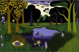 A purple wetlands with murky water designed in African pottery painted by Henri Rousseau