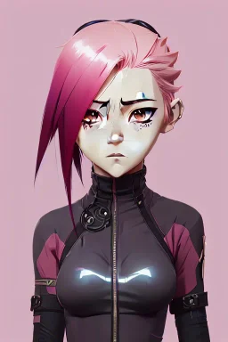 Detailed cute anime Kunoichi girl, pink hair buns, pink bangs, black latex bodysuit, intricate details, full body portrait, keep head in frame, slight smile, black Japanese motif, concept art, highly detailed, digital painting, concept art, sharp focus, illustration, art by Yoji Shinkawa, WLOP and greg rutkowski and alphonse mucha and artgerm and yanjun Chen and Junji ito and Makoto Shinkai, HDR, octane render