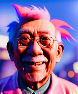 Ultra Realistic photo, medium shot view, drunken sweet happy old Asian man, carnival scene, monster hair, steampunk style. Pink hair, confeti, smile, happy, festival, ovnis, gradient color fog. highly detailed, concept art, unreal engine 5, ray tracing, RTX, lumen lighting, ultra detail, volumetric lighting, 3d, finely drawn, high definition, high resolution.