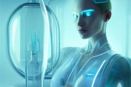 detailed sharp focused portrait very beautiful cyborg transparent glossy glass skin surrounded glowing tubes inside an incubator futuristic hospital bio lab, intricate rendered by beeple, by syd meade, by android jones, by yoanne lossel, by artgerm and greg rutkowski, space art concept, sci - fi, digital art, unreal engine, wlop, trending artstation, sharp focus