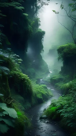 Gorgeous narrow mountain pass mossy and overgrown with vines, wet rocks and dark mist rising