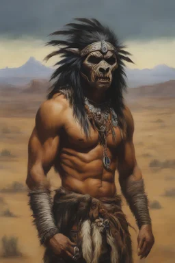 head to waist - native American Indian werewolf - craggy desert wasteland background, 32k, UHD, Hyper-realistic oil painting by Gerald Brom