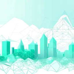 Digital and minimalist photo of a polygonal and digital city, colors are white, light blue (#DBF0EC) and light green (#CCE7D5).