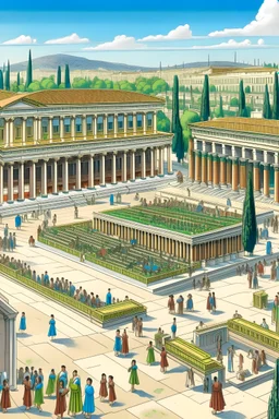 In the foreground, envision the bustling Agora (marketplace) of ancient Athens, with merchants selling goods, citizens engaged in discussions, and individuals participating in various activities. The architecture reflects classical Greek design, with columns, temples, and public buildings. At the center of the scene, depict the Athenian Assembly, where adult male citizens gather to participate in democratic decision-making. A prominent figure, perhaps holding a scroll or a ballot, symbolizes th