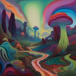 A painting of a trippy landscape