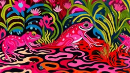 A magenta psychic swamp with frogs designed in Australian aboriginal art painted by Henri Matisse
