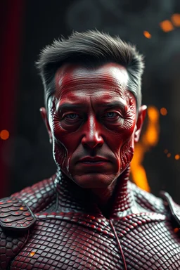 Elon Musk, red skin, scales, unreal engine 6, high detail, intricate, cinematic. photoshoot style, intricate, studio lighting, Fire, smoke, masterpiece , highly detailed, 8k, best quality, dramatic,d,<lora:mshn:0.7>,<lyco:Warrior_Couture:0.5>,