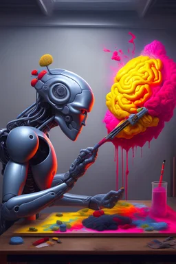 photorealistic illustration of a robot making a beautiful painting of a human brain on a canvas in a modern artist studio, robot arm holding a paint brush, artstation, deviantart, cgsociety