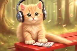 a contented long-haired cute beige kitten with big headphones on its head sits on a red bench in the woods, musical notes emanating dynamically from the headphones, mice sitting in front of the bench playing cards in the sunshine