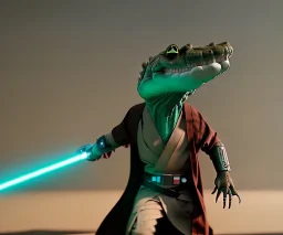 Star wars animation, crocodile, goggles, samurai robe, holding lightsaber, hands, wrist gauntlets