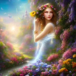 bright fairy, beautiful portrait, flowery landscape