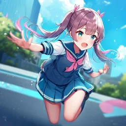 Clear focus,High resolution,High quality, two teal pigtails, teal eyes, wearing a sailor uniform, running, pink ribbins