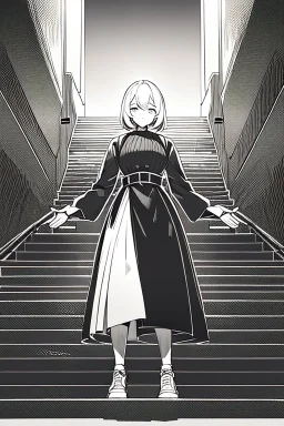 girl runs on the stairs, greyscale