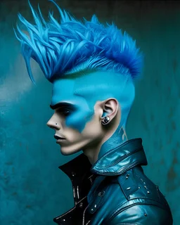 Slime boy, (slime) Slime hair fauxhawk hair style, Pacific blue, wearing wicked leather clothing, Masterpiece, Best Quality