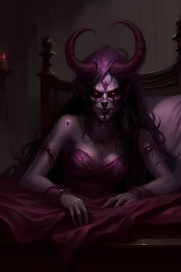 Purple demon woman, chained to bed
