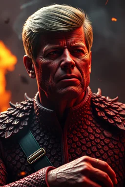 President JFK , red skin, scales, unreal engine 6, high detail, intricate, cinematic. photoshoot style, intricate, studio lighting, masterpiece , highly detailed, 8k, best quality, fire, smoke, dramatic,d,<lora:mshn:0.7>,<lyco:Warrior_Couture:0.5>,