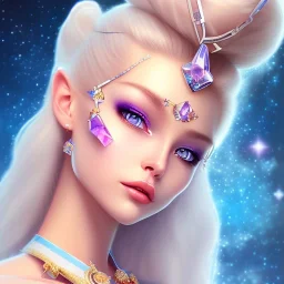 cosmic prince belle fine, profil de trois quart, grand front cosmique, peau bleu cristalline, yeux bleu, perle sur le front long cheveux blond et rose etoilé, cristaux sur le corps, collier de grande princesse, levres souriante, très jolie sourire