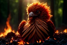 Extremely detailed and intricate scene of a new born phoenix cuddled up resting on a pile of burnt ashes, rays of sunlight shine on the phoenix, in the background is a dense dark forest, settings: f/8 aperture, hyper realistic, 4k