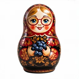 draw matryoshka dolls, the matryoshka is smiling, the kind sweet face of the matryoshka doll, behind the matryoshka Russian patterns in the style of Khokhloma, Khokhloma with gold and black flowers, in the hands of matryoshka blueberries