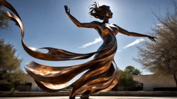 dancing statue of a wind-blown lady (made of scrap metal):1.7; peeling rust, shiny metal, amazing reflections, circular swoosh, dynamic, cinematic, dramatic, swirl dynamics, deep low angle, cam looks up, summer heat, rusty metallic colors, bright tone, sharp shadows, black outlines, immersed in motion