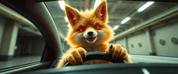 car driving happy neon fluffy orc fox with human hands in the style of Escher and Giger and Fallout 4, pinhole cam, airbrush 3d rendering, on tv screen:A five-second cinematic single take in a clean industrial presentation hall.