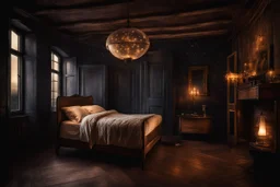 strange evening in vintage bedroom, deep dark colors, old wood floor, old antique bed, pale lights, sharp contours, old balkony, ceiling the galaxy with stars, nightly lights, etheral, mystic, stunning, cinematic