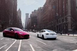 A Tesla 'Model S' is drifting at high speeds, near the Flatiron Building in Manhattan. (CINEMATIC, WIDE ANGLE LENS, PHOTO REAL)