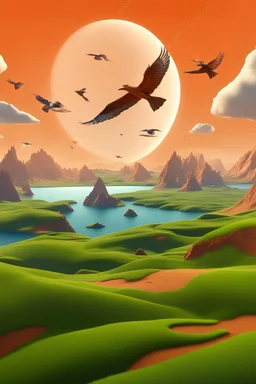 paisaje real con aves volando, arboles y pastos verdes, planeta marte asomando en el cielo, montañas, luz solar, nuboso, viento, oceano azul, 3d