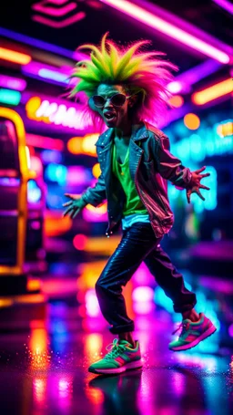 sexy stunt funky punk hippy hairy alien pimp tap dancer fashion gremlin in the middle of crazy dance moves dancing on buss parked in dark neon lit reflective wet arcade hall tunnel,bokeh like f/0.8, tilt-shift lens 8k, high detail, smooth render, down-light, unreal engine, prize winning