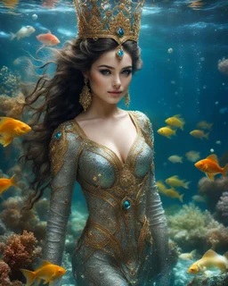 Full body shoot excellent pose gorgeous Beautiful Queen photography art realistic,cinematic colors,soft blur ,natural beauty, of young woman, smiling, beautiful, shiny grey eyes, beauty make up,Queen Persian style, shiny baubles, ornate, large gemstones, shiny molten metalics, shiny wire filigree, brown hair, high definition, Walk in underwater scene teeming with colorful fish nemo, many full fishes swim, and gentle sea turtle