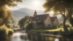 beautiful house, perfect architecture, style William Morris, rural environment, sunshine, volumetric lighting, trees, river, distant mountains, award-winning photograph, photorealism, superb details, light and shade, beautiful composition, arts-and-crafts, attractive, peaceful, exquisite