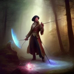 romantic fantasy spray painting, william Turner, close up on dark robed poet holding bow and arrow, loosing torch in magical forest with marble throne