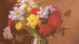 A bouquet of vibrant flowers including red, yellow, and white blooms against a dark background