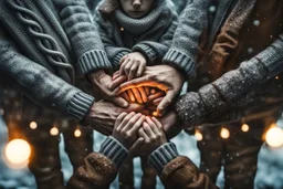 close up photo of several interlocking perfect male and female and child and old human hands holding each other, winter, sharp focus, cold deep colors, gloomy, cinematic, little pale warm lights balls in background,, cold, high realistic, sad mood, perfect shot, perfect composition