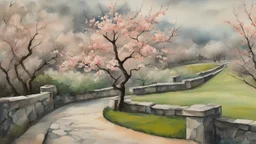 early spring, a Central European garden before imminent storm, strong wind, a peach tree blossom (petals blown in the wind:1.6), intricate detailed acrylic and watercolor and ink, (tint leaks:1.6), dark grey and green and peach blossom colors, harsh contrasts, (wind dynamics:1.6), petals swoosh