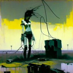 Dystopian future women with a twisted body falling with retro monitor head and handing wires. In desolate landscape low horizonline at night. With a concrete decaying blocks. Abstract oil painting in style of Justin Mortimer and Phil Hale