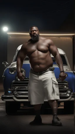 strong burly chubby nigerian mechanic 44 years old, curly hair, wet, short white beard, manly chest, hairy, shirtless in bulging dirty white boxer and tank top, big shoulders, tattoo, big calves, barefeet, angry, photorealistic, side light, inside a dark parking lot at night, side neon light, photoRealistic, view from the ground