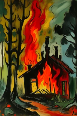cottage in fire forest by picaso