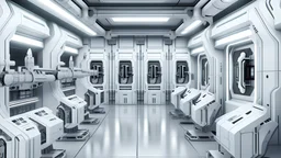 futuristic weapons arsenal room, grey and white colors