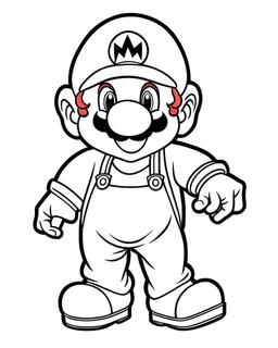 outline art for Mario coloring page, Japanese manga style, cartoon style, cute face, white background sketch style, full body is a must, only use outline, clean line art, no shadow, bold outline