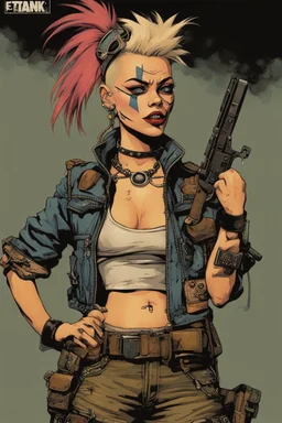 Tank Girl, never one to shy away from pushing boundaries, continued her audacious display of defiance. She holstered her modified firearm briefly on her hip, then, with a sly grin, brought it up to her lips, sensuously licking the barrel in a provocative manner. Her actions were both a testament to her irreverent spirit and a calculated challenge to anyone who might underestimate her. As the camera captured the daring act, the metal of the gun glistened under the unforgiving desert sun, making