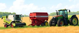 Parked at the edge of a field is a Claas brand Combine(left) Vaderstad implement Seeder(middle, red) and a John Deere Tractor(right) digital illustration