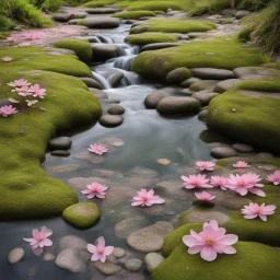 Round pond with lots of water, moss-covered stones all around and the water has a delicate pink shimmer, a few delicate pink flowers on the stones and a small waterfall