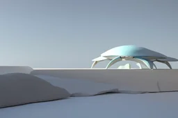 3D representation of architectural wonder, with a concrete design and matte reddish glass that contrasts with the light blue sky, emphasizing organic movement. Its design represents an ant with a bulbous tail and membrane wings with solar panels, its tail is made of concrete and glass. It stands out from pedestrians, creating a sense of scale. In open space, its use is a public place and as a great viewpoint in the mountains Combination of practicality and artistic expression in architecture