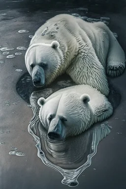 polar bear melting into a puddle, hyper-realistic photography, detailed expression of agony, hyper-realistic fur and anatomy details, Takeshi Kawano style, engraved fur details, anatomically correct animal, dark colour tone, epic colour treatment, cinematic colour treatment, meticulously intricate perfectly symmetrical extremely detailed, pixiv daily ranking, pixiv, extreme depth of field, artstation, sculpture style, spectacular details, volumetric lighting, masterpiece, cinematic, Hollywood pr