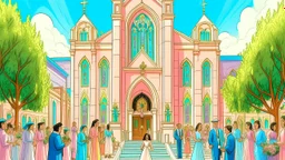 This image is a colorful digital drawing depicting a wedding ceremony taking place in front of a church with a light-colored facade and blue double doors. The church has a classic design with arched windows and a decorative cornice. The scene is bustling with activity. On the stairs leading up to the church, there are numerous people gathered, including the bride and groom in pink dresses and matching suits. The bride is in the center of the stairs, holding a bouquet of flowers. She is surrounde