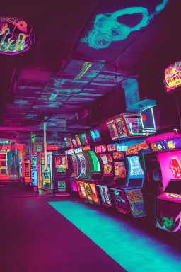 A dark photo an 80's aesthetics arcade at night, with a lot of functioning arcade machines, a vaporwave floor and some colorful tiles in between the floor