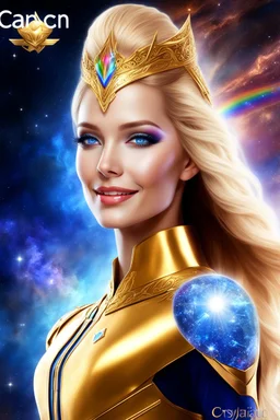 cosmic woman angels smile, admiral from the future, one fine whole face, crystalline skin, expressive blue eyes,rainbow, smiling lips, very nice smile, costume pleiadian, Beautiful tall woman pleiadian Galactic commander, ship, perfect datailed golden galactic suit, high rank, long blond hair, hand whit five perfect detailed finger, amazing big blue eyes, smilling mouth, high drfinition lips, cosmic happiness, bright colors, blue, pink, gold, jewels, realist, high commander,ufo rainbows