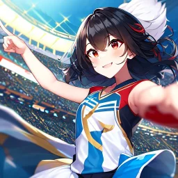 Clear focus,High resolution, black short fluffy hair, long fluffy bangs, and red eyes, Depressed girl, wearing a cheerleader outfit, jumping, blushing, smiling, happy, pointing up